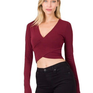 Zenana Long Sleeve Crop Top womens medium Burgundy V-neck Wrap CrissCross Casual